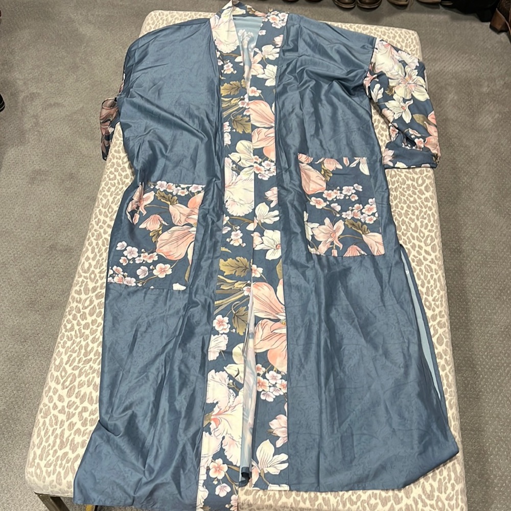 New Boho Floral Kimono Blue Maxi Duster Cardigan